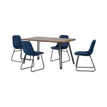 Quebec Wave Edge Dining Set with Lukas Chairs - Medium Oak Effect/Black/Sapphire Blue Velvet