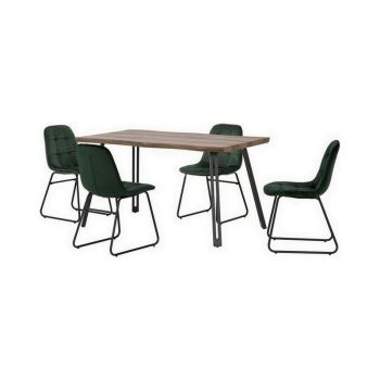Quebec Wave Edge Dining Set with Lukas Chairs - Medium Oak Effect/Black/Emerald Green Velvet