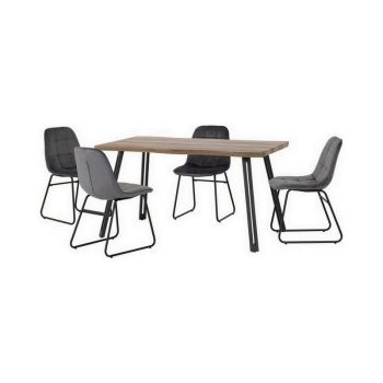 Quebec Wave Edge Dining Set with Lukas Chairs - Medium Oak Effect/Black/Grey Velvet