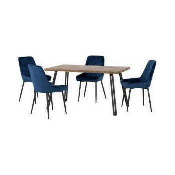 Quebec Wave Edge Dining Set with Avery Chairs - Medium Oak Effect/Black/Sapphire Blue Velvet