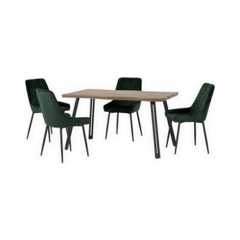 Quebec Wave Edge Dining Set with Avery Chairs - Medium Oak Effect/Black/Emerald Green Velvet