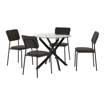 Sheldon Round Glass Top Dining Set - Clear Glass/Black/Grey Boucle Fabric