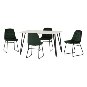 Marlow & Lukas Indoor Dining Set with 4 Chairs - White Marble/Emerald Green Velvet