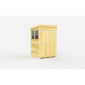 4 x 4 Feet Pent Shed - Double Door With Windows - Wood - L118 x W127 x H201 cm