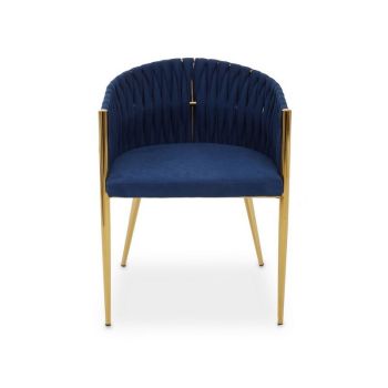 Golden Dining Chair with Woven Back - Metal/Wood/Textile/Synthetic - L55 x W56 x H70 cm - Gold/Blue
