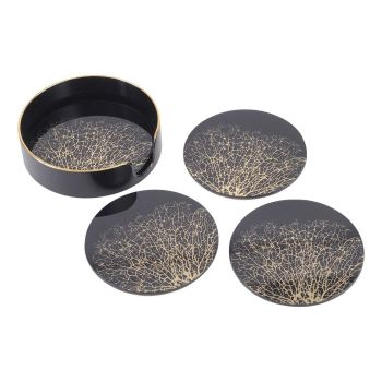 Coral Design Coasters (Set of 4) - GlaSS/Plastic - Black/Gold
