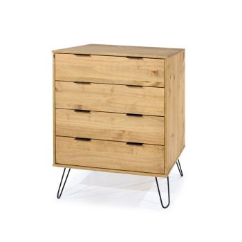 Augusta 4 Drawer Chest of Drawers - Pine/Metal/MDF - 76.5 x 39.5 x 90.3 cm - Antique Waxed Pine/Black