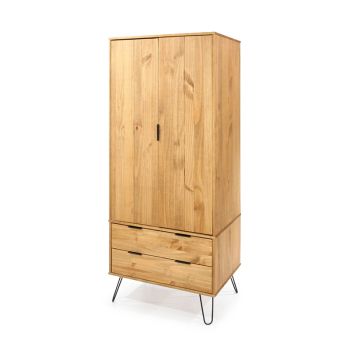 Augusta 2 Door, 2 Drawer Wardrobe - Pine/Metal/MDF - 76.5 x 53 x 176 cm - Antique Waxed Pine/Black