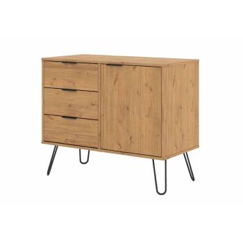 Small Sideboard with 1 Door, 3 Drawers - Pine/Metal/MDF - 90 x 43 x 73.6 cm - Antique Waxed Pine/Black