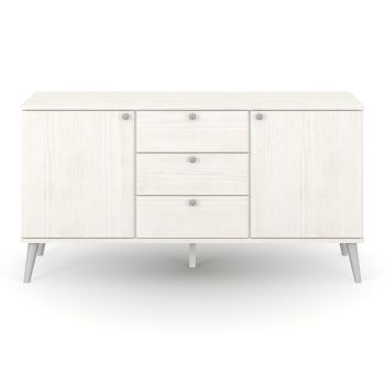 Augusta Curve Medium Sideboard with 2 Doors, 3 Drawers - Pine/Plastic - L43 x W130.6 x H73.6 cm - White/Silver - Flat Packed