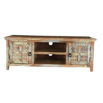 Aravali 2 Door Plasma TV Cabinet - Mango Wood - L40 x W146 x H55 cm - Distress Finish