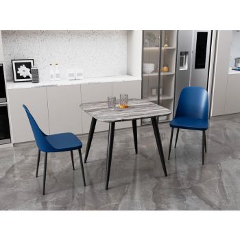Aspen Tapered Legs Square Dining Table and 2 Duo Plastic Seat Chairs with Metal Legs - Grey Oak/Black/Blue - Flat Packed