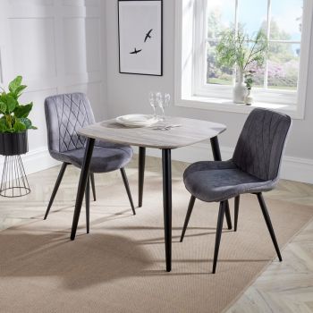 Aspen Tapered Legs Square Dining Table with 2 Diamond Stitch Dining Chairs - Grey Oak/Black - Flat Packed