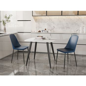 Aspen Tapered Legs Square Dining Table and 2 Duo Plastic Seat Chairs with Metal Legs - White/Blue/Black - Flat Packed
