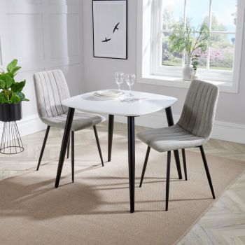 Aspen Tapered Legs Square Dining Table with 2 Straight Stitch Cord Dining Chairs - Light Grey/Black/White - Flat Packed
