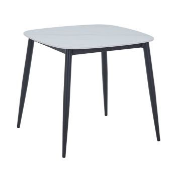 Square Dining Table with Gloss White Top and Black Tapered Legs - Sintered Stone/Metal - L80 x W80 x H73 cm - Flat Packed