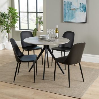 Aspen Round Dining Table and 4 Duo Plastic Seats Chairs with Metal Legs - Black/Grey Oak - Flat Packed