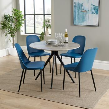 Aspen Round Dining Table and 4 Duo Plastic Seats Chairs with Metal Legs - Grey Oak/Blue/Black - Flat Packed