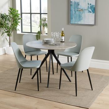 Aspen Round Dining Table and 4 Duo Plastic Seats Chairs with Metal Legs - Grey Oak/Black - Flat Packed