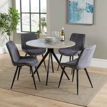 Aspen Round Dining Table with 4 Diamond Stitch Fabric Dining Chairs - Grey Oak/Black - Flat Packed