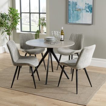 Aspen Round Dining Table with 4 Diamond Stitch Cord Fabric Dining Chairs - Grey Oak/Black - Flat Packed