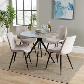 Aspen Round Dining Table with 4 Diamond Stitch Fabric Dining Chairs - Grey Oak/Natural/Black - Flat Packed