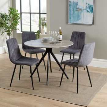 Aspen Round Dining Table with 4 Straight Stitch Dining Chairs - Grey Oak/Black - Flat Packed