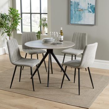 Aspen Round Dining Table with 4 Straight Stitch Cord Dining Chairs - Grey Oak/Black - Flat Packed