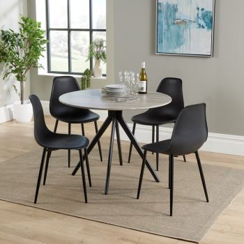 Aspen Round Dining Table and 4 Curve Plastic Seats Chairs with Metal Legs - Black/Grey Oak - Flat Packed