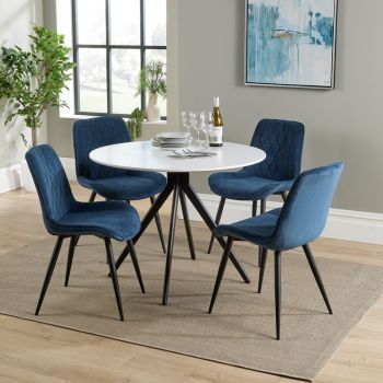 Aspen Round Dining Table with 4 Diamond Stitch Cord Fabric Dining Chairs - Blue/Black/White - Flat Packed