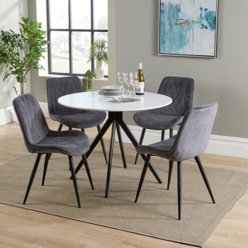Aspen Round Dining Table with 4 Diamond Stitch Fabric Dining Chairs - Grey/Black/White - Flat Packed