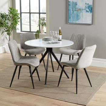 Aspen Round Dining Table with 4 Diamond Stitch Cord Fabric Dining Chairs - Light Grey/Black/White - Flat Packed