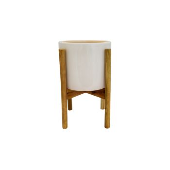 Anzio Stone Planter with Wooden Stand - Ceramic - L24 x W24 x H38.5 cm - White