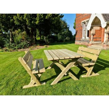 Ashcombe Table Set Sits 4 Including 2 Bench - L120 x W93 x H77 cm - Set of Waterproof Cushions Included
