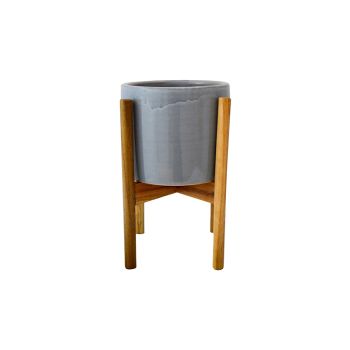 Anzio Planter with Wooden Stand - Ceramic - L24 x W24 x H38.5 cm - Warm Grey