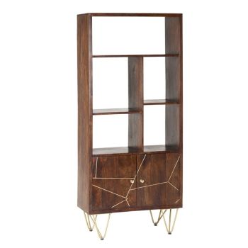Large Bookcase with 2 Door - Solid Mango Wood - L35 x W80 x H180 cm - Dark Gold