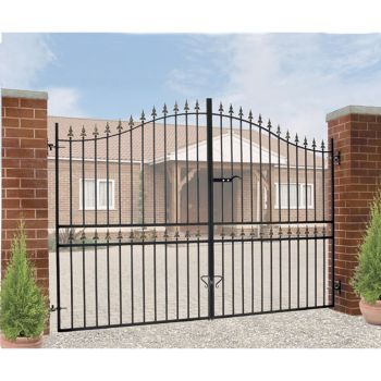 Corfe Premium Spear Top Tall Bow Top Double Estate Gate - Steel - Fits Gap 2743 mm x 2083 mm High - Electro Galv./Black