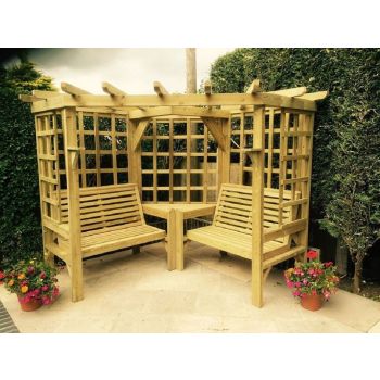Clementine Corner Arbour - 4 Seat Garden Arbour, Timber Pergola - Two Benches & Coffee Table, Outdoor Seat - L150 x W290 x H205 cm - Minimal Assembly Required