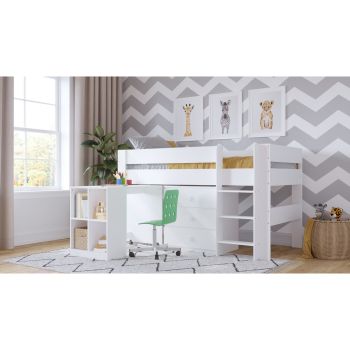 Mid-Sleeper Bed with Pull-Out Desk & Drawer Unit - White - Assembly Required