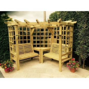 Clementine Corner Garden Arbour - 4 Seat, 2 Bench & Coffee Table - L150 x W290 x H205 cm - Set of Waterproof Cushions Included