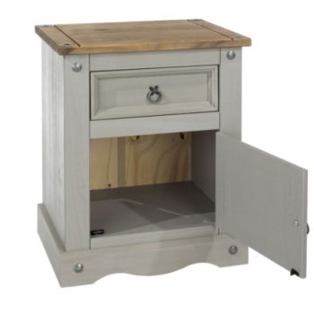 1 Door, 1 Drawer Bedside Cabinet - Pine - 53 x 38 x 66 cm - Grey Wax/Antique Waxed Pine