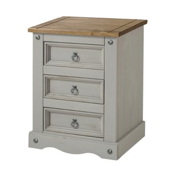 Corona 3 Drawer Bedside Cabinet - Pine - 53 x 38 x 68.5 cm - Grey Wax/Antique Waxed Pine