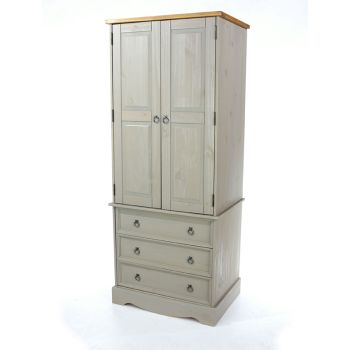Grey Corona 2 Door, 3 Drawer Wardrobe - Pine - 76.5 x 55.5 x 187.7 cm - Grey Wax/Antique Waxed Pine