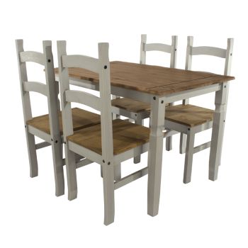 Corona Rectangular Large Dining Table and 4 Chair Set - Pine - 150 x 75 x 75 cm - Grey Wax/Antique Waxed Pine