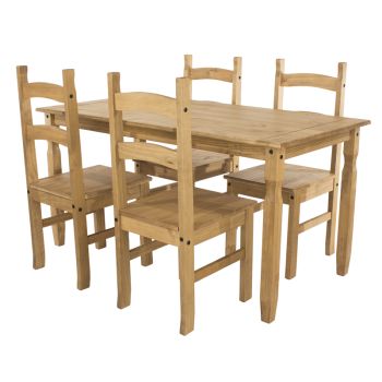 Corona Rectangular Dining Table and 4 Chair Set - Pine - 150 x 75 x 75 cm - Antique Waxed Pine