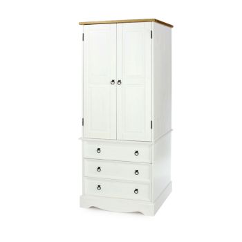 Corona 2 Door, 3 Drawer Wardrobe - Pine/Particle Board - 76.5 x 55.5 x 187.7 cm - White Wax/Antique Waxed Pine