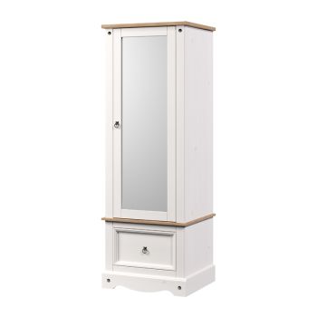Armoire with Mirrored Door - Pine - L55.5 x W66 x H187.7 cm - White Wax/Antique Waxed Pine - Flat Packed