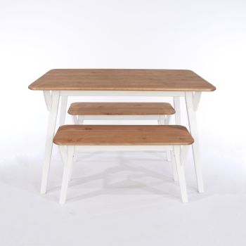 120 Cm Kitchen Table with 2 Bench Set - Pine - L80 x W120 x H75 cm -White - Flat Packed