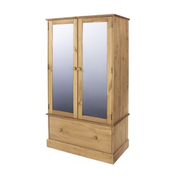 2 Mirror Door with 1 Drawer Wardrobe - Pine - L55.5 x W100 x H187.7 cm - Antique Waxed Pine - Flat Packed