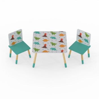 Dino Kids Table & 2 Chairs Set - Space Saving Play Furniture with Scandi Pine Legs & Dinosaur Graphics - Assembly Required